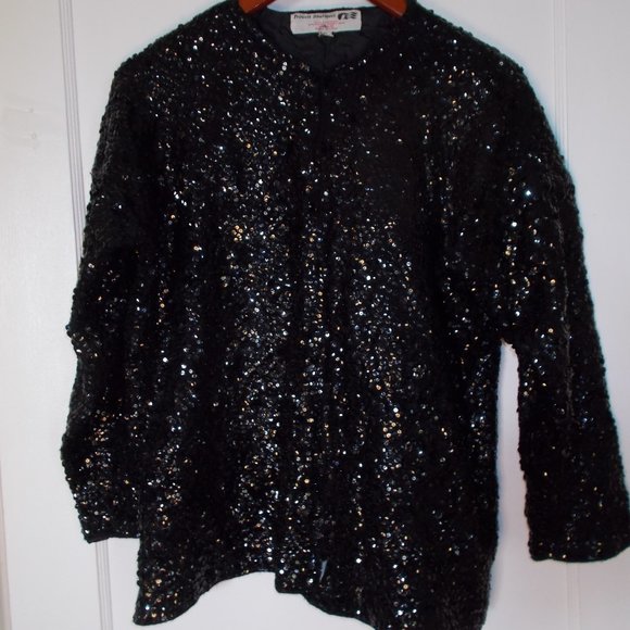 VTG Princess Boutiques Black Sequin Long Sleeve Jacket Women's L Lambswool - Picture 1 of 5